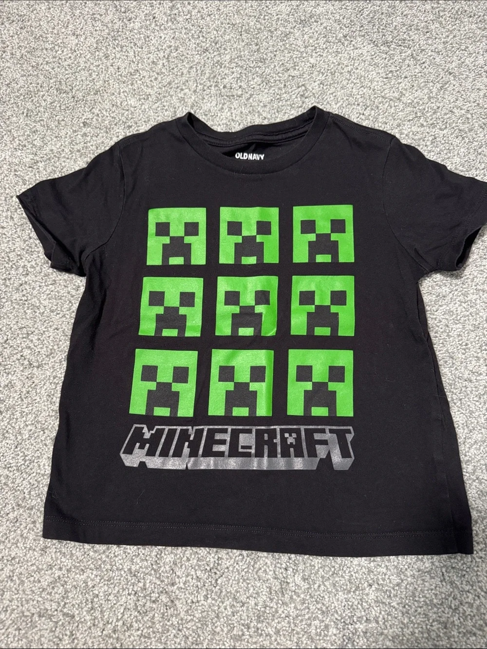 Old Navy Black Tee with Green Minecraft Creeper Grid